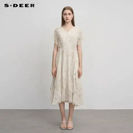 sdeer圣迪奥女装V领荷叶边印花收腰不规则连衣裙S242Z12V4商品大图