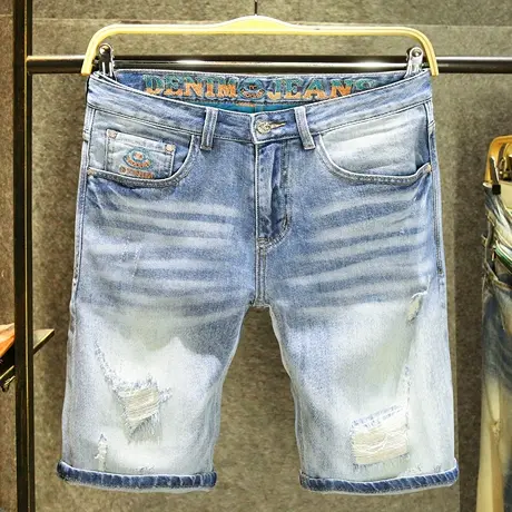 高层次水洗牛仔短裤男士潮牌手工破洞五分裤个性腰头刺绣百搭中裤商品大图