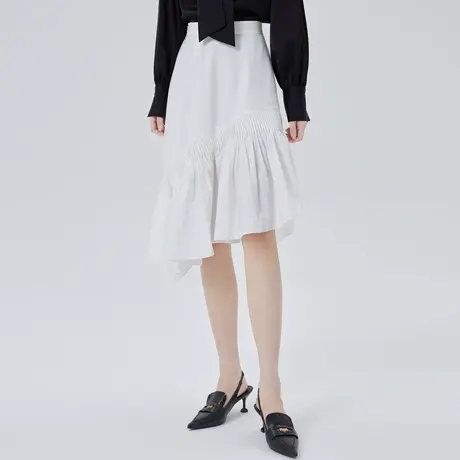 艾莱依简约复古半裙女夏季新款不规则荷叶大摆设计日常通勤高腰裙商品大图