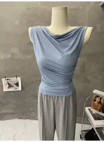 女人味～不规则褶皱无袖背心女显胸大紧身t恤上衣夏季性感显瘦打图片