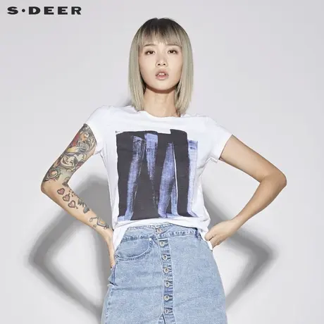 sdeer圣迪奥2019新款女装夏装套头圆领撞色印染短袖T恤S18280144🤬商品大图