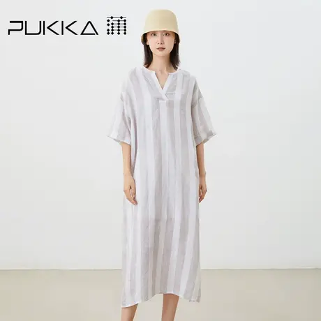 蒲PUKKA 2023春夏纯亚麻色织北欧极简风宽松舒适短袖连衣裙商品大图