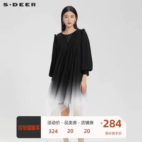 sdeer圣迪奥女装圆领木耳边网纱灯笼袖连衣裙S221Z1297商品大图