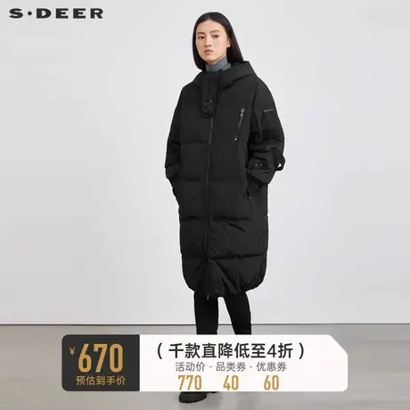 sdeer圣迪奥女装高领连帽抽绳不规则中长款白鸭绒羽绒服S214Z2401🗒商品大图