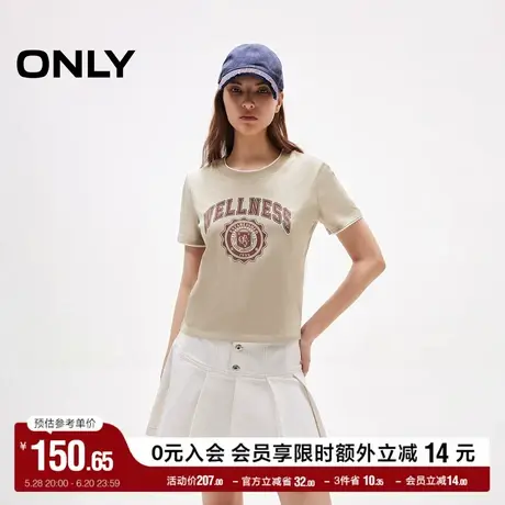 ONLY2025夏季新款正肩假两件圆领纯棉撞色字母印花短款短袖T恤女图片