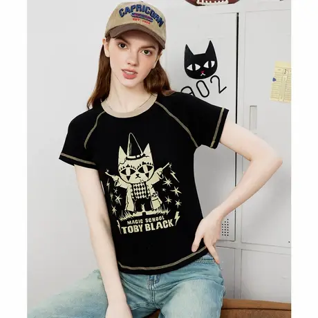 a02辣妹街头弹力撞色印花美式复古显瘦女式T恤夏季休闲短袖图片