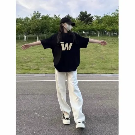 爆款黑色夏季短袖t恤女2025新款美式高街设计感小众宽松情侣上衣商品大图