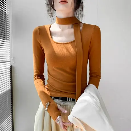 飘带方领长袖T恤女2025春季新款南瓜橘洋气修身内搭套手指打底衫图片