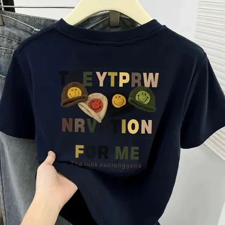 藏蓝色短袖t恤女2025新款夏季欧货爆款小衫美式复古卡通印花上衣商品大图