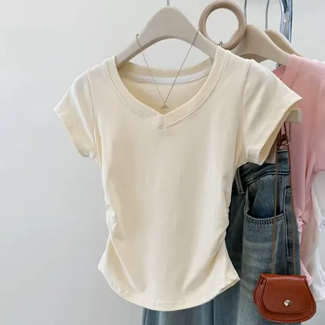 褶皱收腰V领正肩短袖T恤女夏季修身显瘦短款半袖韩系chic别致上衣商品大图