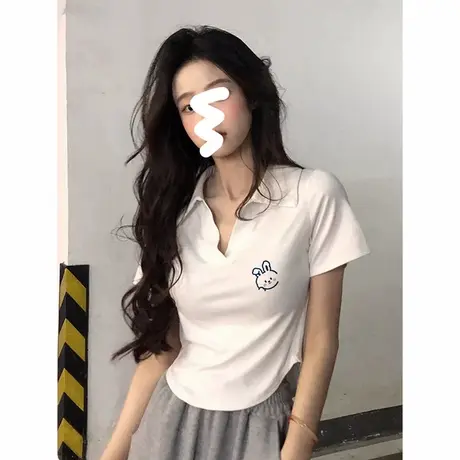 夏季白色正肩T恤Polo领短款辣妹高级感风上衣ins潮大码修身短袖女商品大图