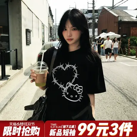 2025夏季新款黑色正肩t恤女短袖设计感甜酷风Kitty猫印花半袖上衣商品大图
