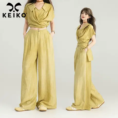 KEIKO 老钱风松弛慵懒山本阔腿裤女25夏季肌理感宽松直筒休闲长裤商品大图