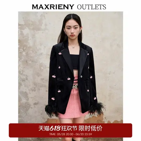【奥莱】MAXRIENY复古风樱桃绣花丝绒外套廓形气质西装女图片