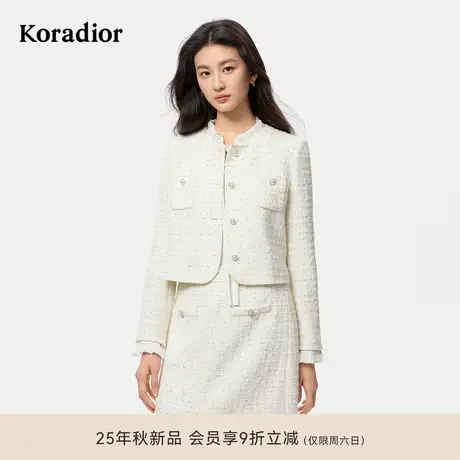 【乔欣同款】珂莱蒂尔2025秋新亮片绣香风羊毛呢短外套可拆领边女图片