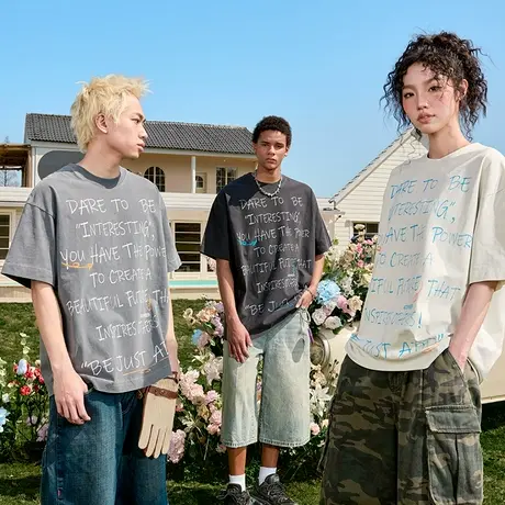 Nuthink美式潮牌字母涂鸦短袖T恤复古宽松半袖情侣男女2025夏新款图片