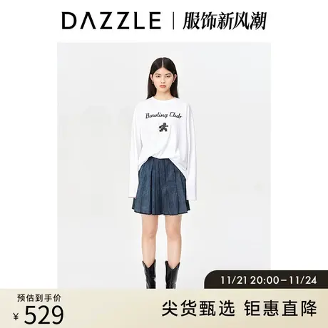 DAZZLE地素奥莱 春季蓝色雪花水洗A字百褶牛仔短裙半身裙女图片