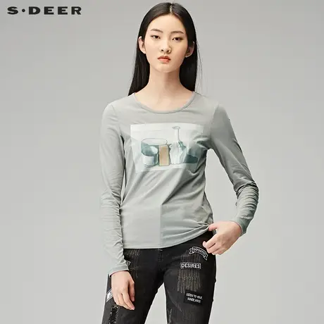 sdeer圣迪奥2019春装套头圆领静物印花长袖短款打底T恤S17380203图片
