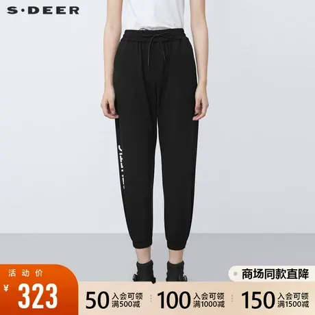 sdeer圣迪奥2021冬装新品抽绳松紧插袋黑色长裤运动裤女S21480828图片