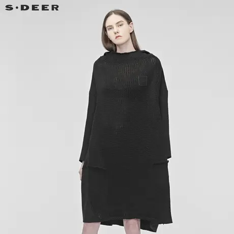 sdeer圣迪奥女个性连帽字母贴布拼接黑色长款落肩袖针织S18483521图片