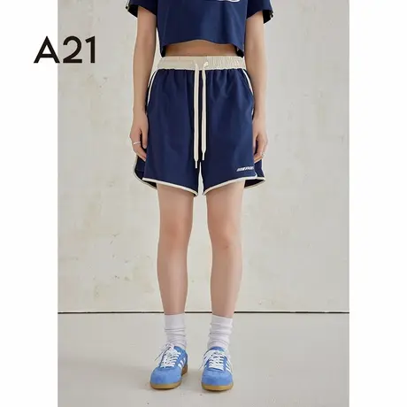 A21女装宽松短裤夏季新款撞色开叉流行穿搭休闲直筒五分裤运动风图片