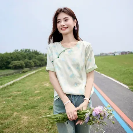 时尚气质衬衫2024年夏季新款女圆领百搭通勤晕染国风宽松短袖T商品大图