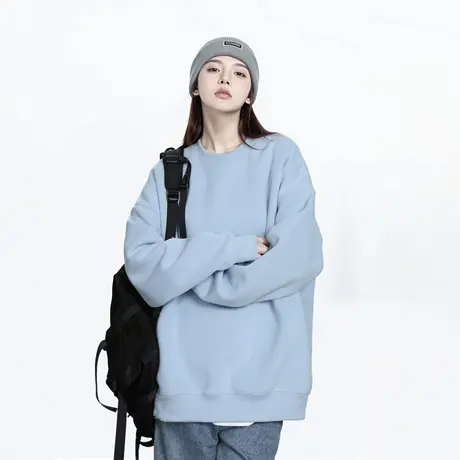 美式复古纯色圆领套头卫衣女春秋2025新款潮牌宽松情侣装无帽上衣图片