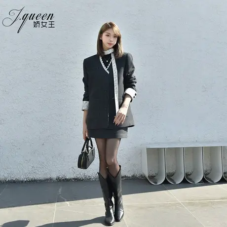 法式复古蕾丝花边拼接高级感时尚无领设计感宽松显瘦西装套装裙子商品大图