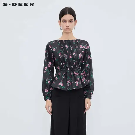 sdeer圣迪奥女装圆领风琴褶收腰碎花长袖衬衫S233Z0576图片