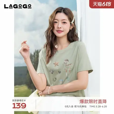 LAGOGO印花宽松T恤女拉谷谷2025年夏新款显白通勤短袖OATT315F07商品大图