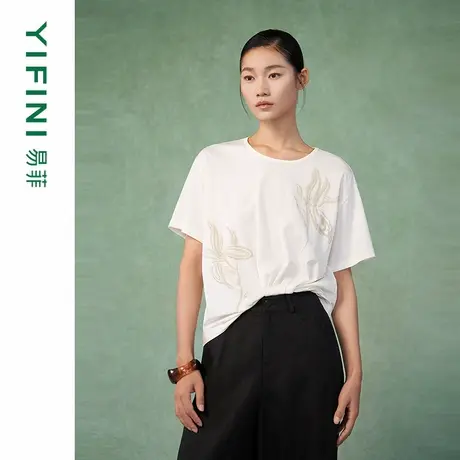 [专柜同款]Yifini/易菲强捻棉质高级感绣花印花宽松短款百搭T恤女图片