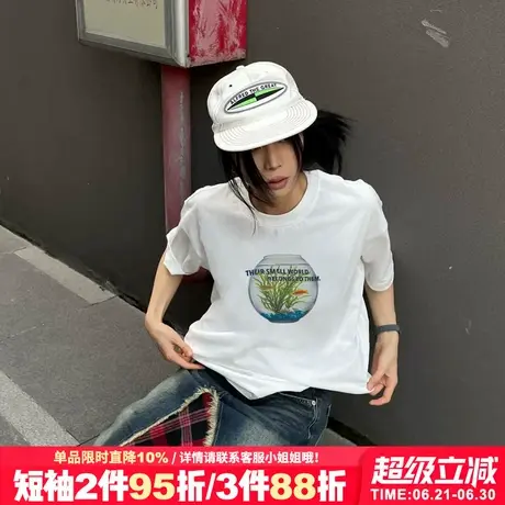 街头原宿风小众潮牌白色正肩t恤女短袖2025新款宽松正肩重磅上衣商品大图