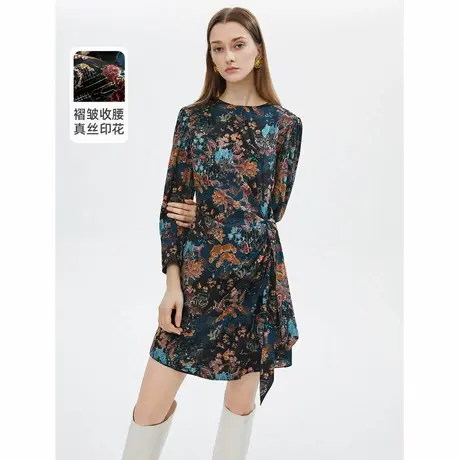 朗姿秋季新款真丝复古印花连衣裙女褶皱收腰修身气质显瘦商品大图