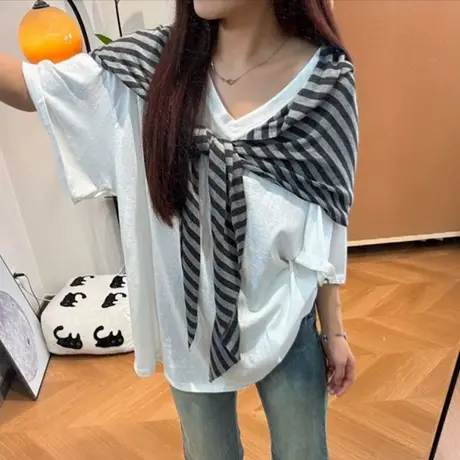 设计感小众条纹披肩短袖T恤女夏季韩版宽松雪花棉上衣两件套ins潮图片