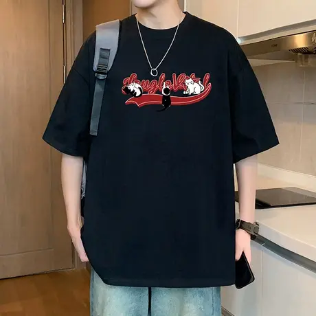 美式纯棉短袖t恤男夏季2025新款休闲高街圆领半袖大码上衣体恤衫商品大图