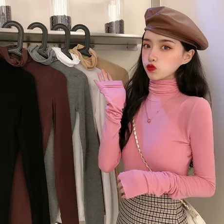 堆堆领打底衫女春秋2021年新款洋气内搭薄款高领长袖t恤秋冬上衣商品大图