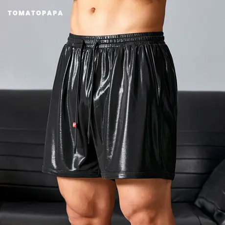 TOMATOPAPA短裤仿皮高弹松紧腰抽绳运动裤柔软百搭纯色时尚休闲裤图片