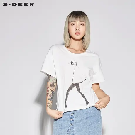 sdeer圣迪奥2019新款女夏素白套头圆领人物印染短袖T恤S18280152🤭商品大图