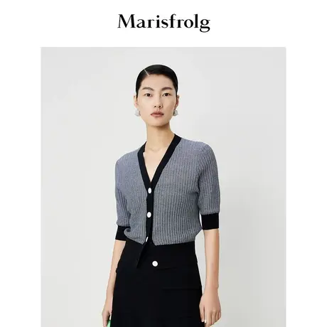 【轻密针织】玛丝菲尔夏季撞色V领截短式针织开衫上衣图片