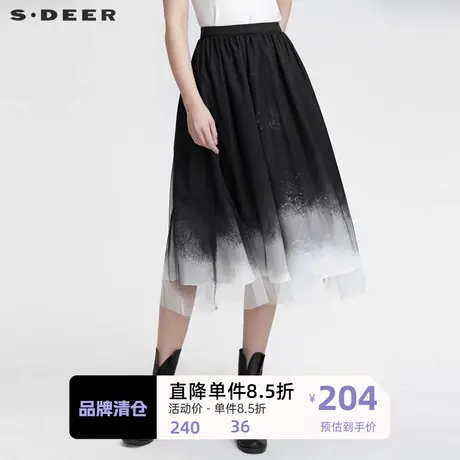 sdeer圣迪奥女装时尚松紧网纱撞色晕染不规则长裙S22181112图片