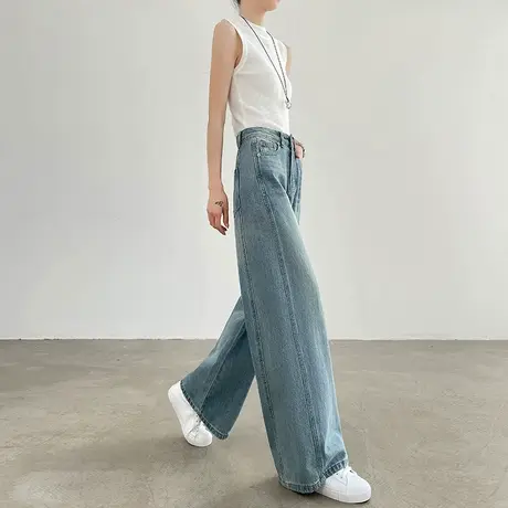 蓝色阔腿牛仔裤女2025夏季薄款高腰宽松显瘦垂感直筒拖地弯刀裤子商品大图