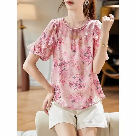 宝诗黎圆领钉珠拼接印花雪纺衫2025夏季洋气百搭气质短袖休闲小衫商品大图