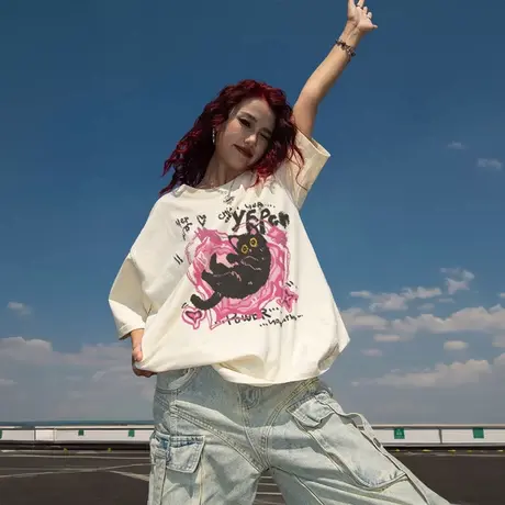 YEP卡通印花短袖t恤女2025年春夏新款潮牌情侣装宽松oversize上衣图片