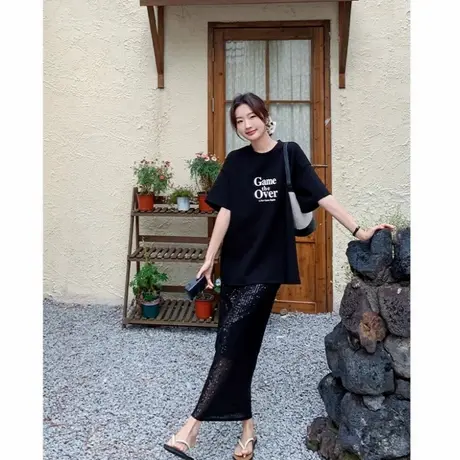 黑色高级感纯棉印花t恤夏季时尚宽松圆领设计感短袖小众百搭上衣商品大图