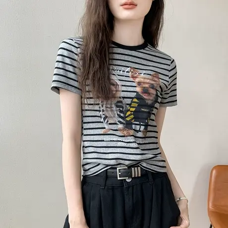 歌倍尚撞色条纹圆领动物印花小众短袖T恤女修身显瘦正肩别致上衣图片
