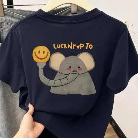 美式时尚卡通小象减龄印花t恤女2025新款夏季休闲复古打底衫上衣商品大图