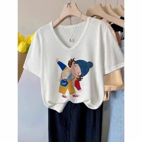 胖mm大码女装T恤2024新款V领宽松设计感短袖ins潮洋气减龄上衣夏商品大图