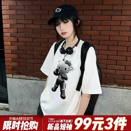 街头甜酷风kitty猫印花正肩白色短袖t恤女夏小众超火宽松重磅上衣商品大图