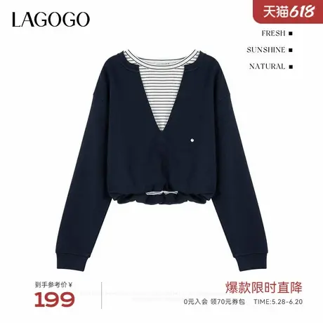 LAGOGO假两件撞色拼接条纹卫衣女拉谷谷2025年春新款洋气套头上衣图片