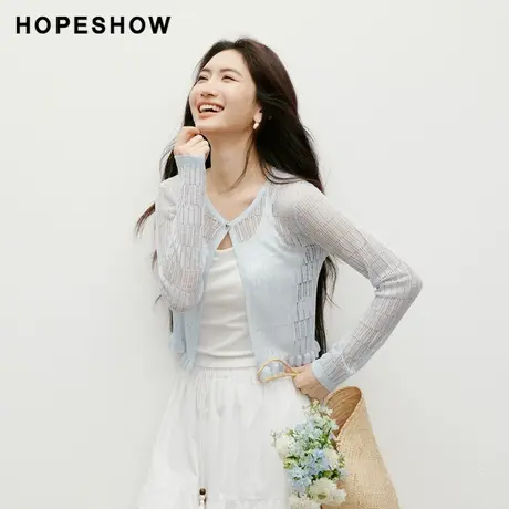 红袖2025秋季新款女装欧若风木耳边镂空长袖圆领短针织开衫商品大图